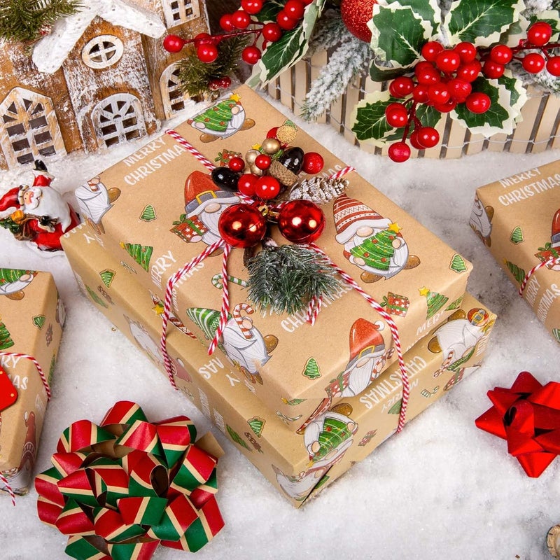 Retrify Kraft Christmas Wrapping Paper - 17 Inch x 32.8 Feet Mini Roll - Cute Red Green Gnome with Grid Cutting Lines Gift Wrap Paper for Holiday Shower Party Celebration - Image 2